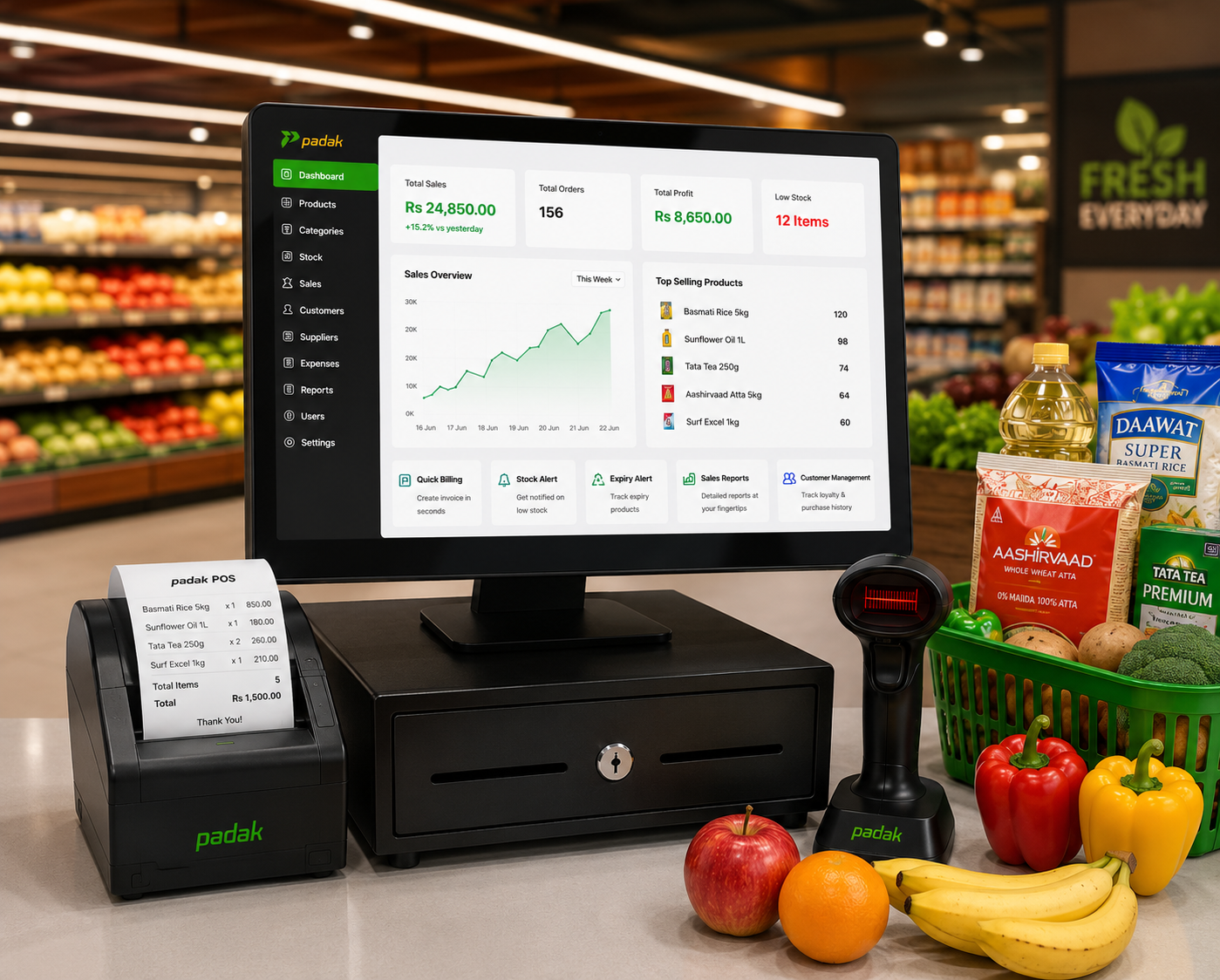 Grocery POS billing software running at a checkout counter